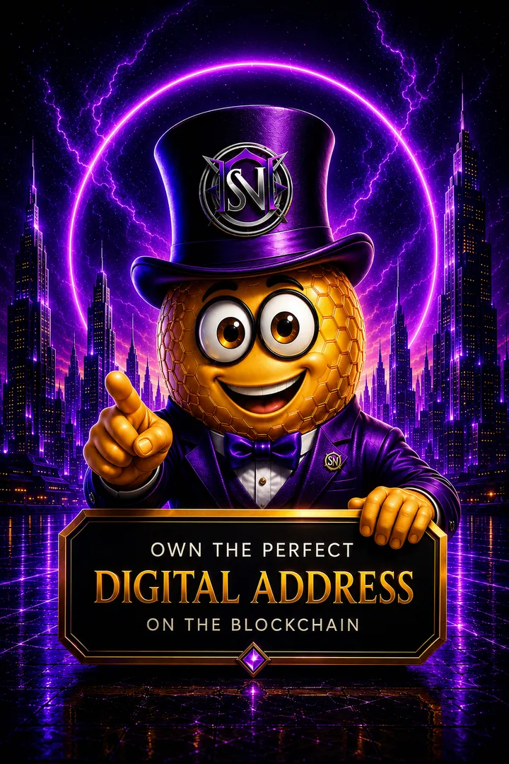 Buzzy, the SweetName mascot in a purple top hat and tux
